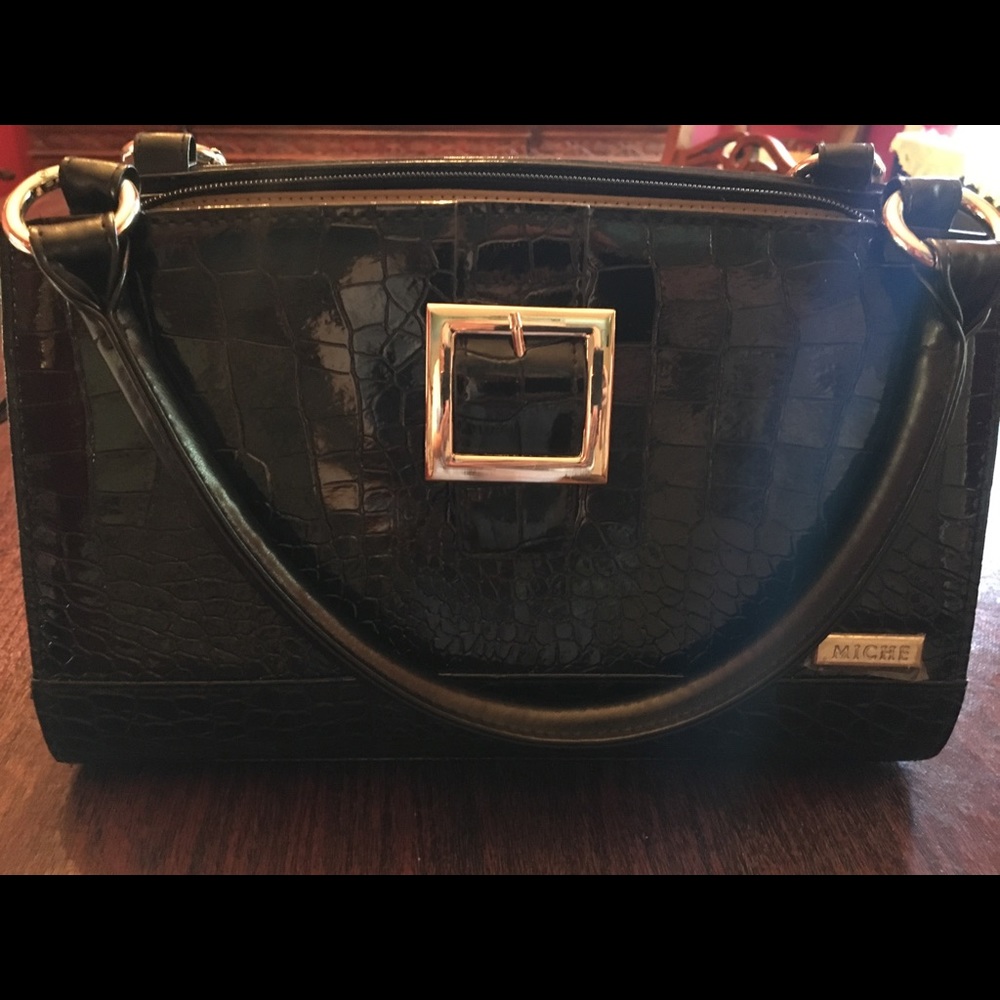 Miche satchel with removable black patent front